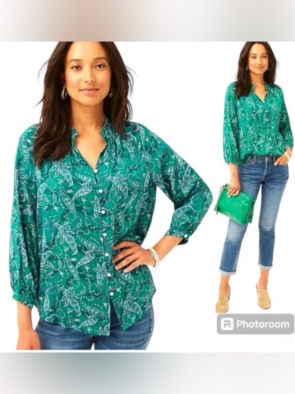 J. Jill  Green and blue  Paisley Button-Down Blouse ruffle collar .size XS